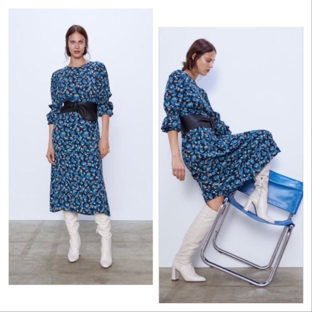 NWT Zara Floral Printed Long Sleeve Blue Midi Dress